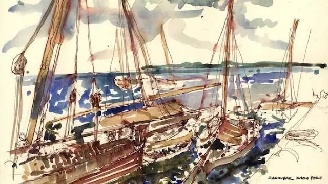 Zanzibar, Stone Town, dhows tied up in the harbour - watercolour sketch by Archie Walls